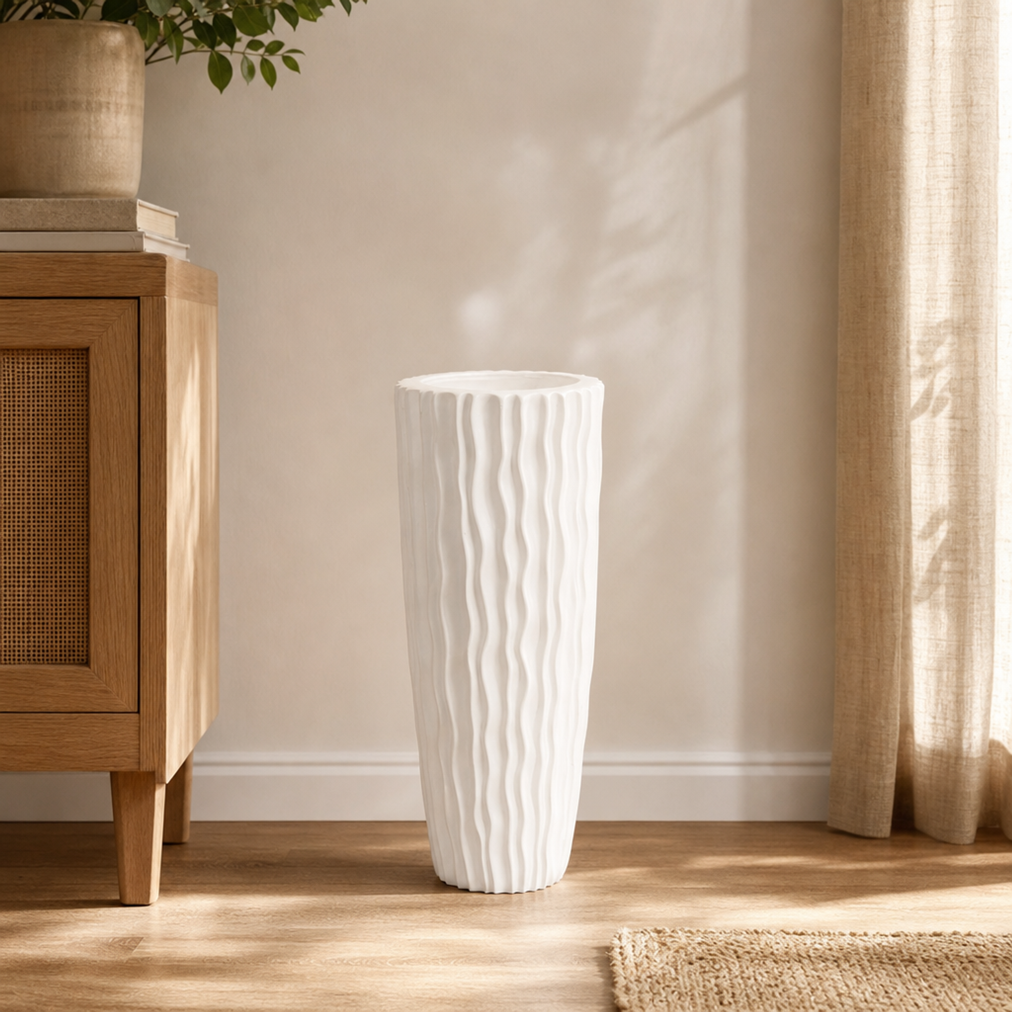 Tall White Wavy Floor Planter with Pink-Variegated Faux Foliage