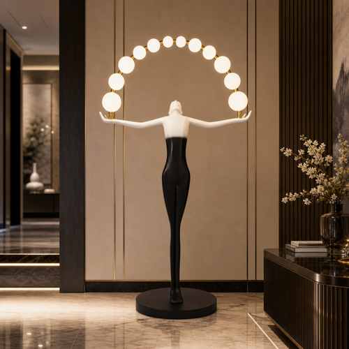 Black Human Figure Floor Lamp with Opal Globe Arch