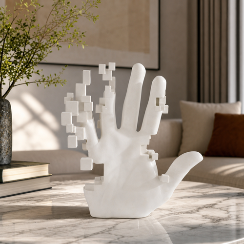 White Hand Sculpture with Pixel Cubic Detailing