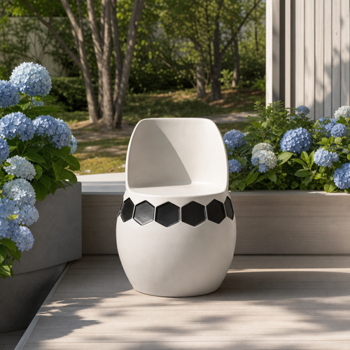 White Rounded Outdoor Chair with Black Hexagonal Accent