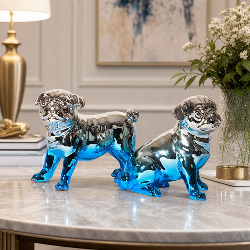 Reflective Bulldog & Pug Pair – High‑Gloss Tabletop Sculptures