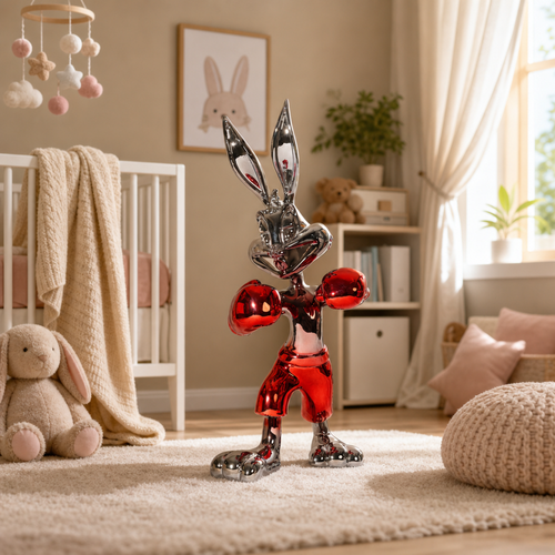 Glossy Two-Tone Rabbit Sculpture – Red Body & Silver Head
