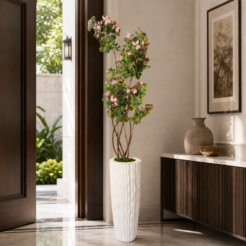 Tall White Textured Floor Vase with Twisted Stems & Green‑Pink Leaves