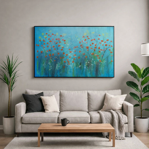 Floral Wall Painting with Red Flowers on Blue Background