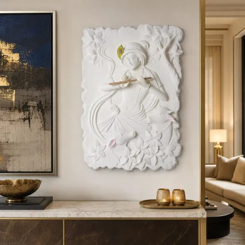 Matte White Devotional Icon with Bronze Flute & Peacock Accents