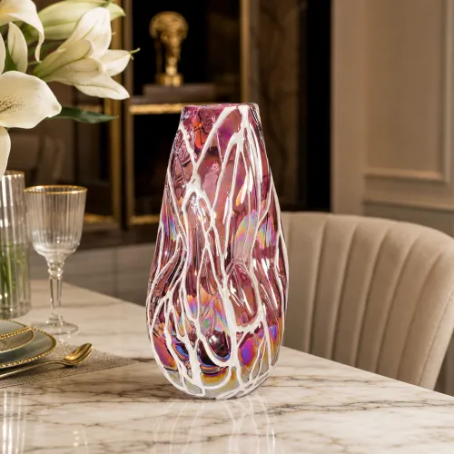 Iridescent Purple‑Rose Glass Vase with White Web Overlay