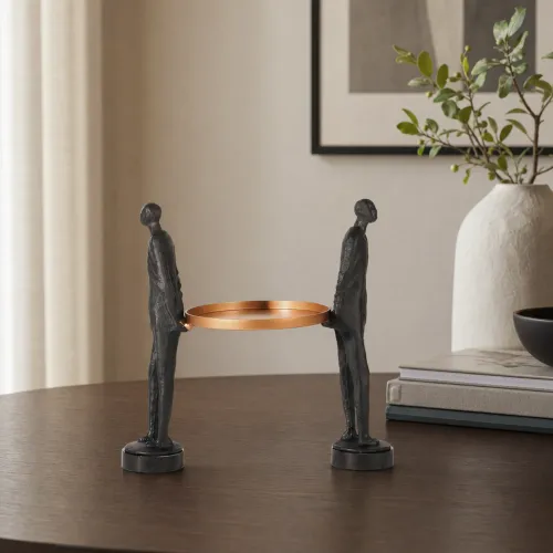 Black Abstract Duo Sculpture with Gold Tray on Dual Plinths