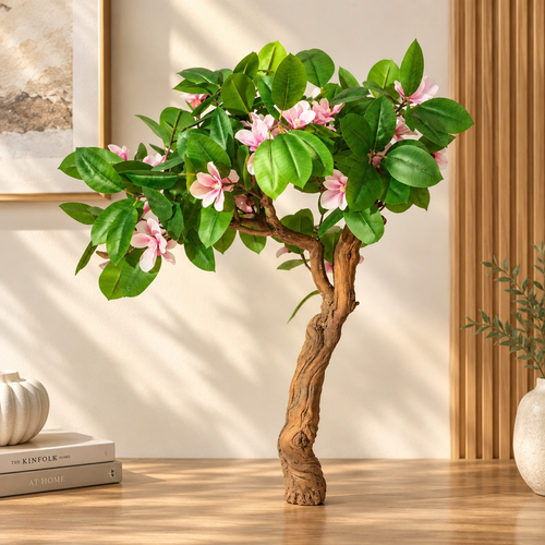 Bonsai Tree with Pink Blooms in Matte Black Pot