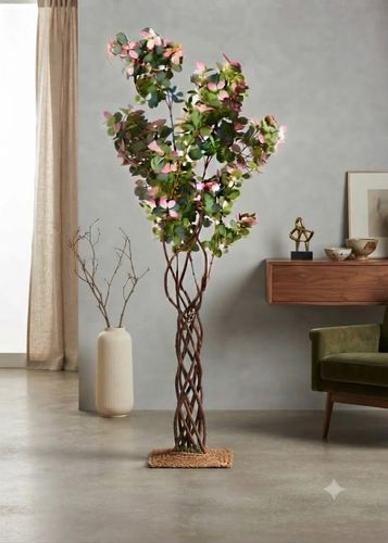Tall White Textured Vase with Twisted Stem Artificial Plant – Green & Pink Leaves
