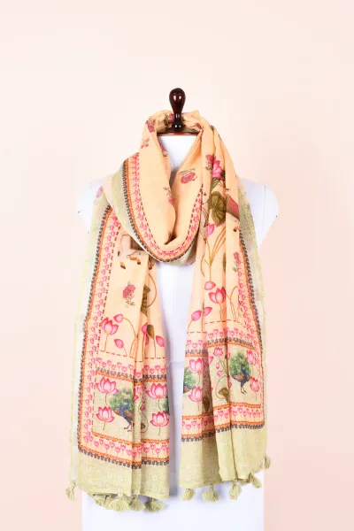 Pastel Orange Pichwai Digital Printed Linen Dupatta
