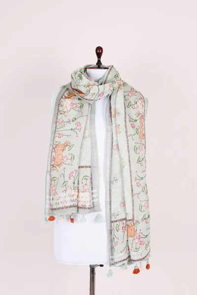 Light Sage Green Pichwai Printed Linen Dupatta