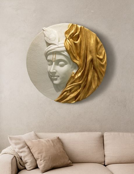 Premium Krishna Gold & White 3D Mural Wall Art