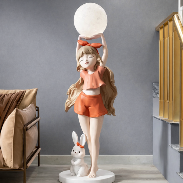 Girl Holding Moon Light Statue with Rabbit