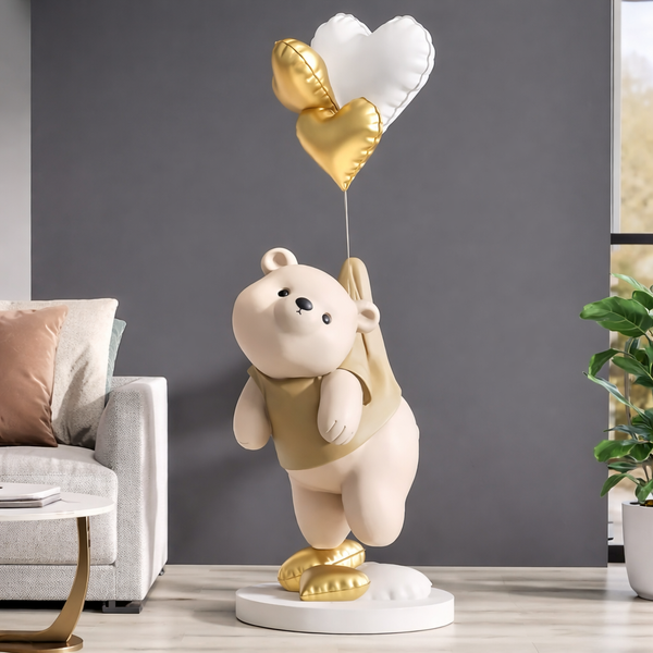 Bear Figurine with Gold & White Heart Balloons
